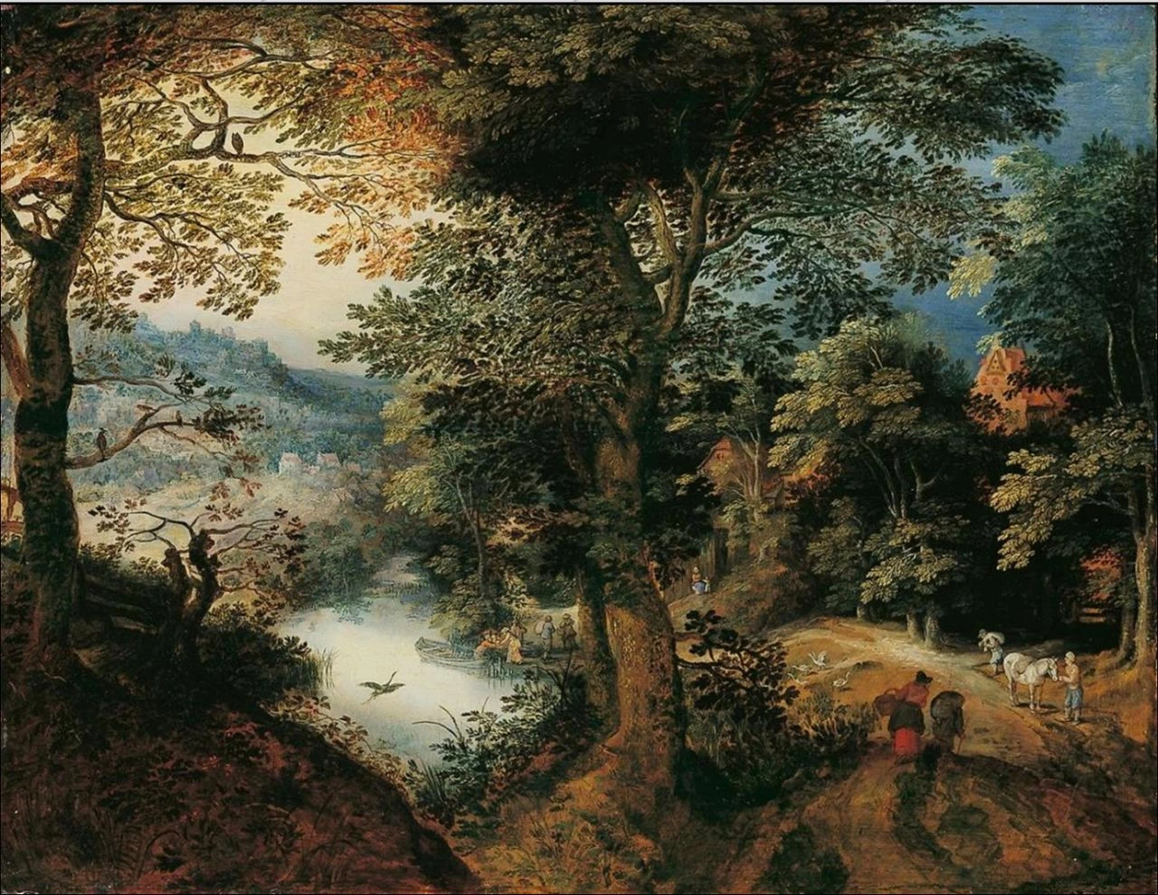 Paesaggio forestale con contadini